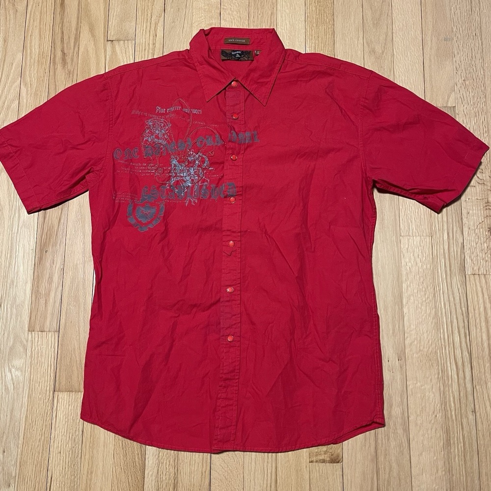 Danesi Mens Pearl Snap Shirt Size Large Red Y2K‎ Embroidery